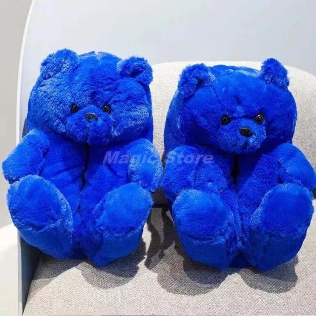 Teddy Bear women christmas plush slippers Cartoon Cute Bear House Slipper Furry Faux Fur Slides Woman Furry Flip Flop Shoes