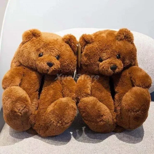 Teddy Bear women christmas plush slippers Cartoon Cute Bear House Slipper Furry Faux Fur Slides Woman Furry Flip Flop Shoes
