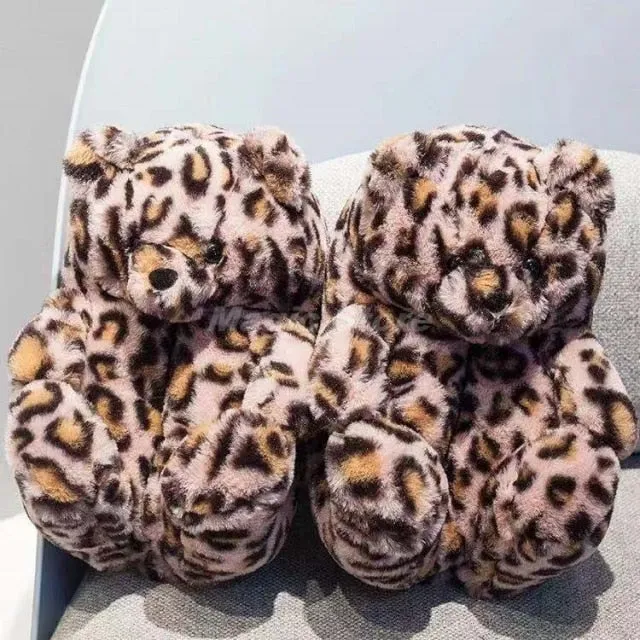 Teddy Bear women christmas plush slippers Cartoon Cute Bear House Slipper Furry Faux Fur Slides Woman Furry Flip Flop Shoes