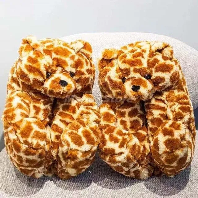 Teddy Bear women christmas plush slippers Cartoon Cute Bear House Slipper Furry Faux Fur Slides Woman Furry Flip Flop Shoes