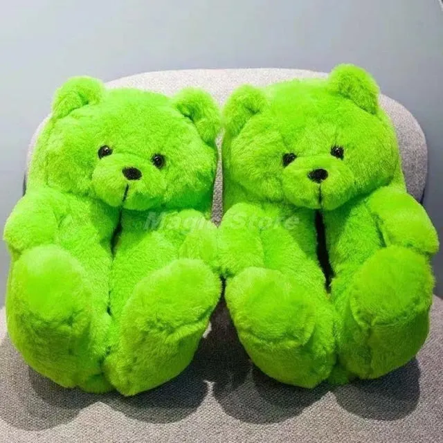Teddy Bear women christmas plush slippers Cartoon Cute Bear House Slipper Furry Faux Fur Slides Woman Furry Flip Flop Shoes