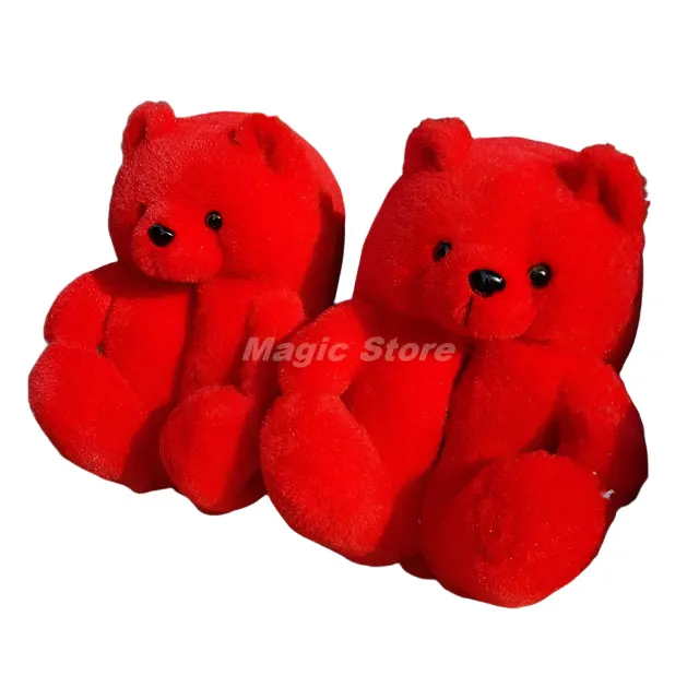 Teddy Bear women christmas plush slippers Cartoon Cute Bear House Slipper Furry Faux Fur Slides Woman Furry Flip Flop Shoes
