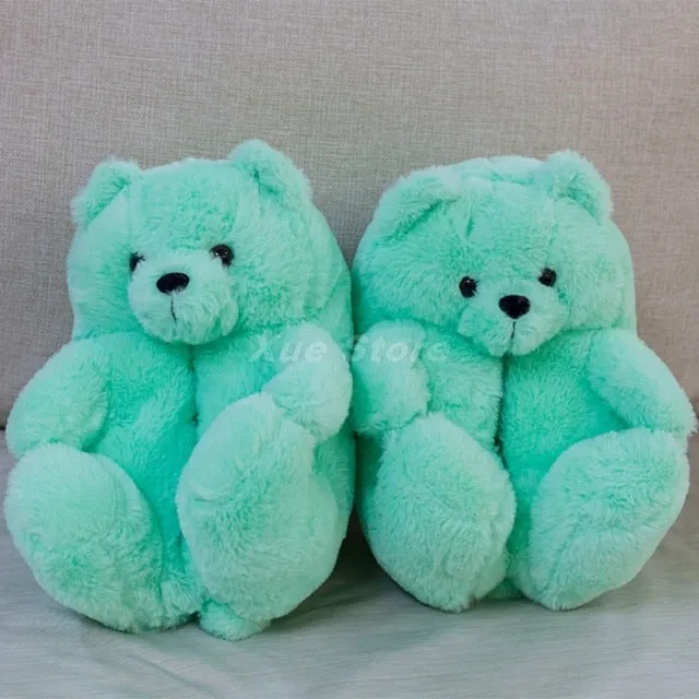 Teddy Bear women christmas plush slippers Cartoon Cute Bear House Slipper Furry Faux Fur Slides Woman Furry Flip Flop Shoes