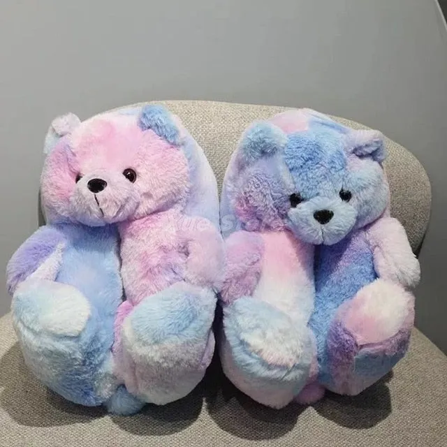 Teddy Bear women christmas plush slippers Cartoon Cute Bear House Slipper Furry Faux Fur Slides Woman Furry Flip Flop Shoes