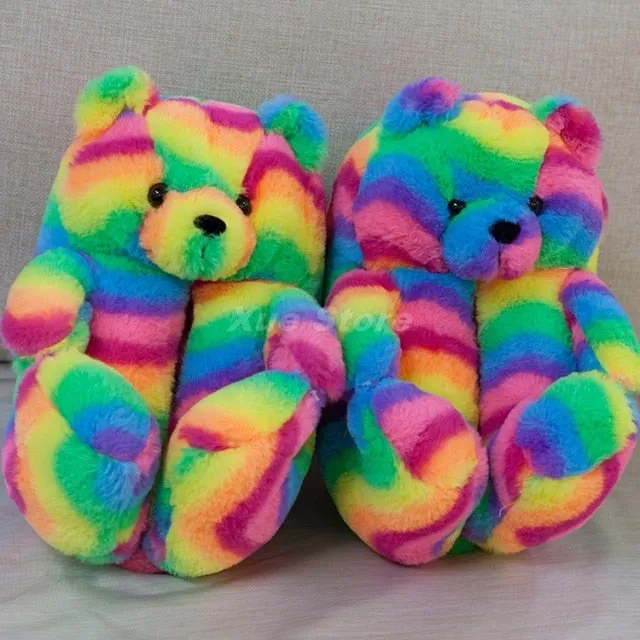 Teddy Bear women christmas plush slippers Cartoon Cute Bear House Slipper Furry Faux Fur Slides Woman Furry Flip Flop Shoes
