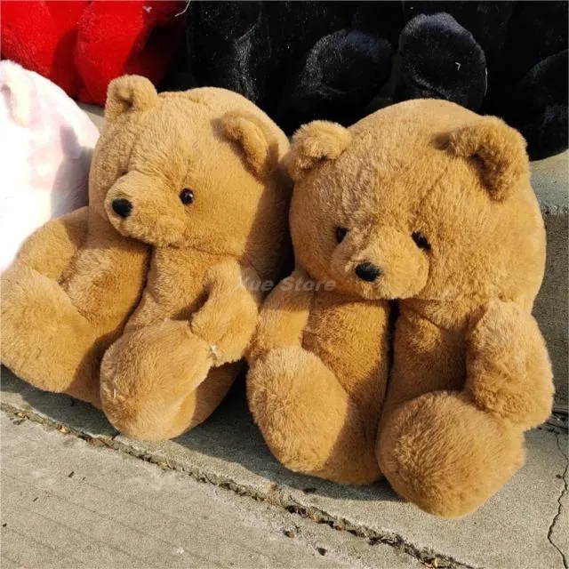 Teddy Bear women christmas plush slippers Cartoon Cute Bear House Slipper Furry Faux Fur Slides Woman Furry