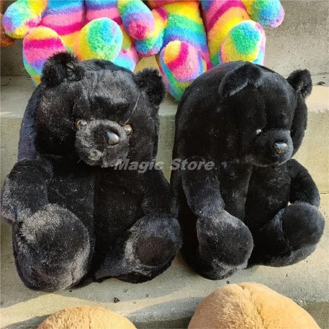 Teddy Bear women christmas plush slippers Cartoon Cute Bear House Slipper Furry Faux Fur Slides Woman Furry