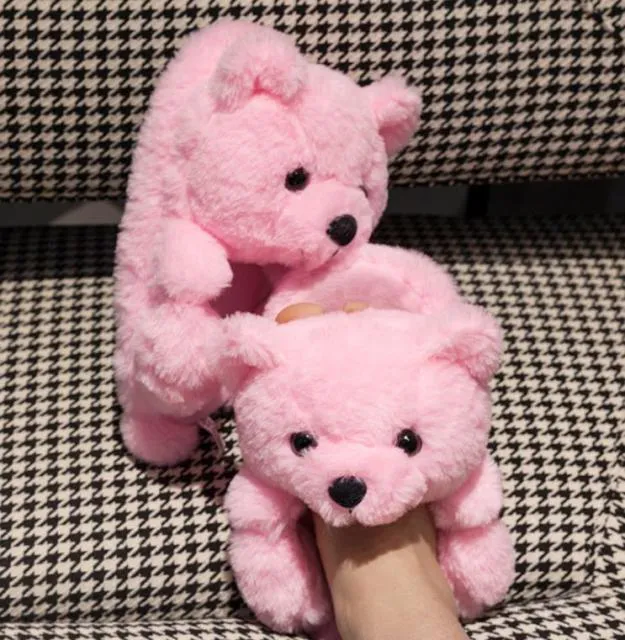 Teddy Bear women christmas plush slippers Cartoon Cute Bear House Slipper Furry Faux Fur Slides Woman Furry