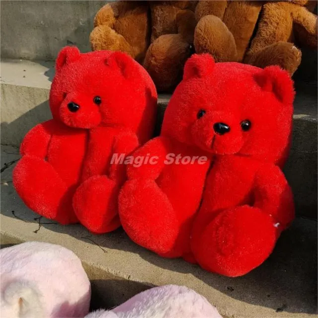 Teddy Bear women christmas plush slippers Cartoon Cute Bear House Slipper Furry Faux Fur Slides Woman Furry