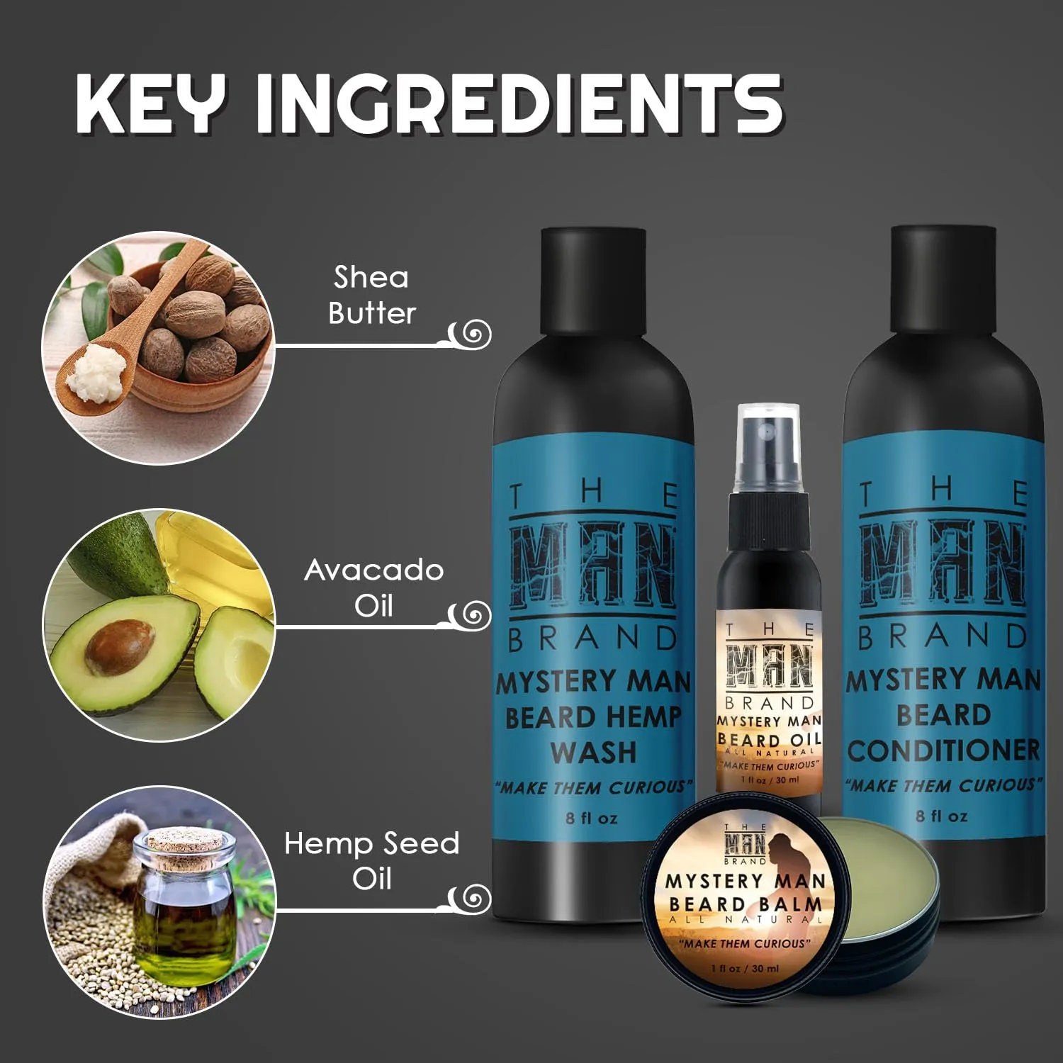 The Man Brand's Beard Pack for Men - Including Natural Beard Oil - Beeswax Based Beard Balm - Beard Conditioner With Aloe Vera Oil - Beard Hemp Wash With Organic Hemp Seeds Oil - Mystery Man