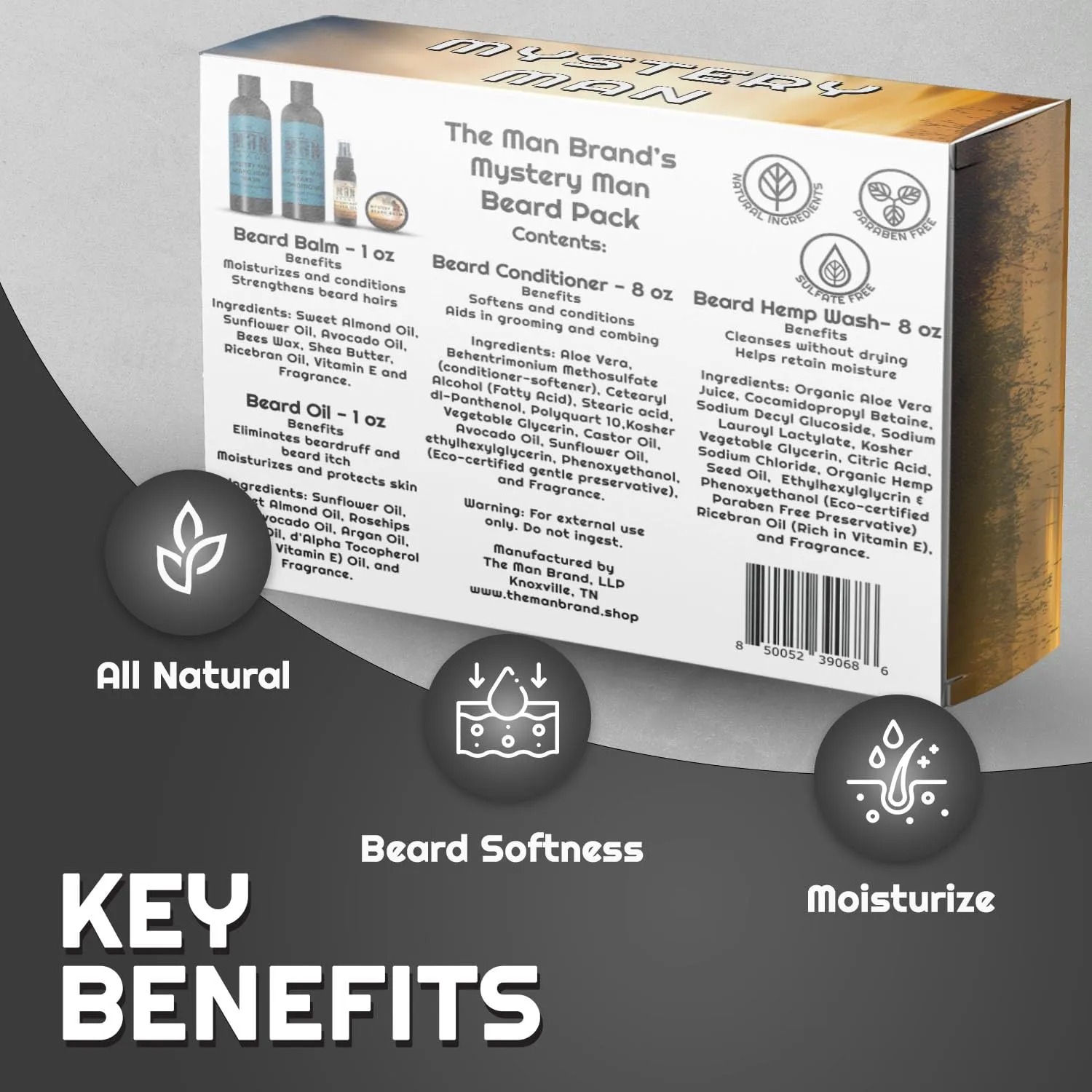 The Man Brand's Beard Pack for Men - Including Natural Beard Oil - Beeswax Based Beard Balm - Beard Conditioner With Aloe Vera Oil - Beard Hemp Wash With Organic Hemp Seeds Oil - Mystery Man