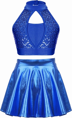 TiaoBug Kids Girls Sequins Sleeveless Crop Top with Metallic Skirt Jazz Latin Tango Rumba Salsa Samba Ballet Dancewear
