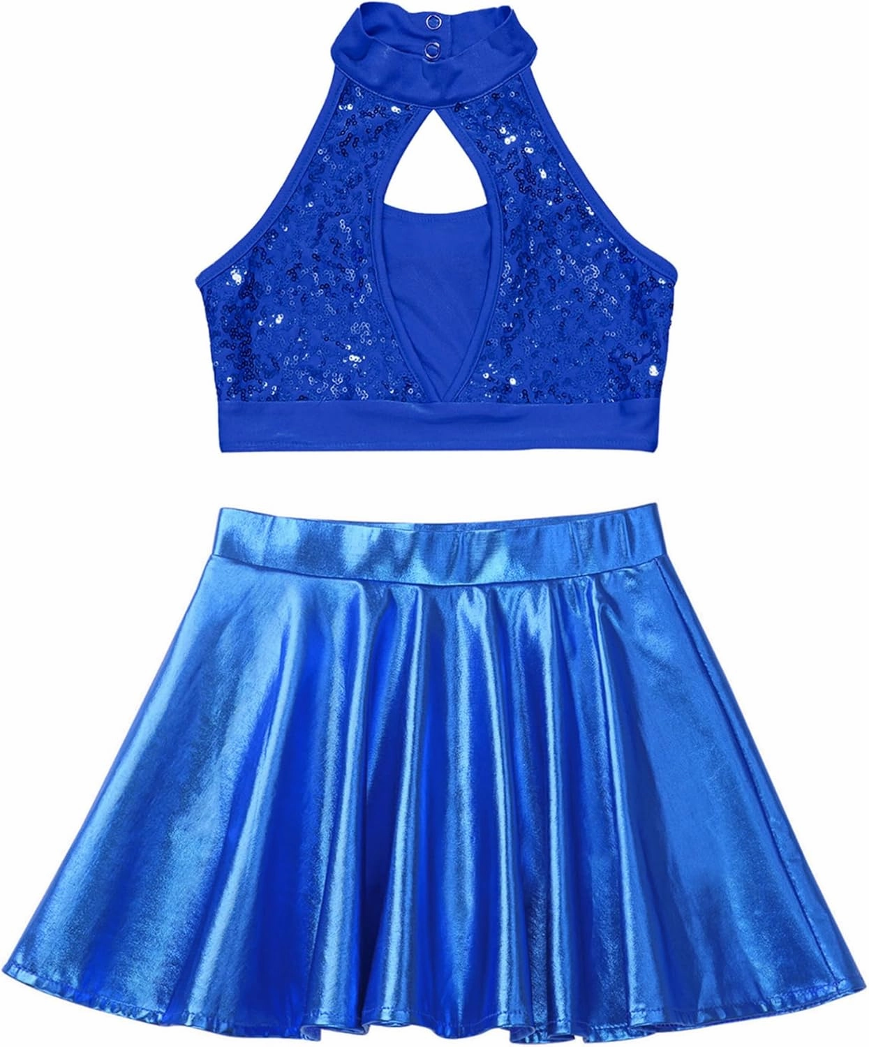 TiaoBug Kids Girls Sequins Sleeveless Crop Top with Metallic Skirt Jazz Latin Tango Rumba Salsa Samba Ballet Dancewear
