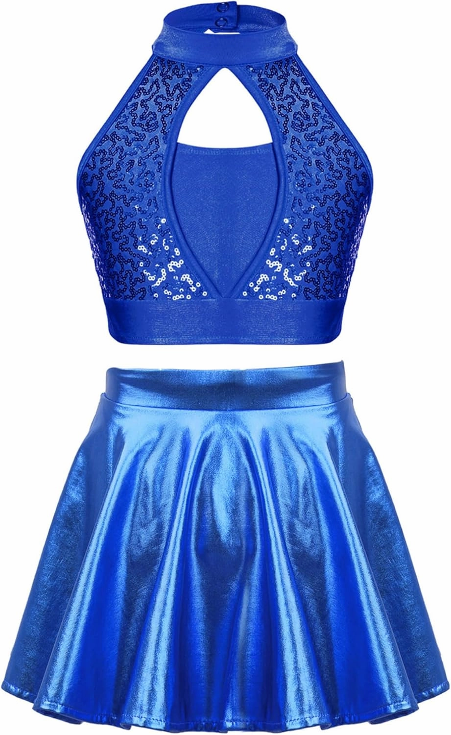 TiaoBug Kids Girls Sequins Sleeveless Crop Top with Metallic Skirt Jazz Latin Tango Rumba Salsa Samba Ballet Dancewear