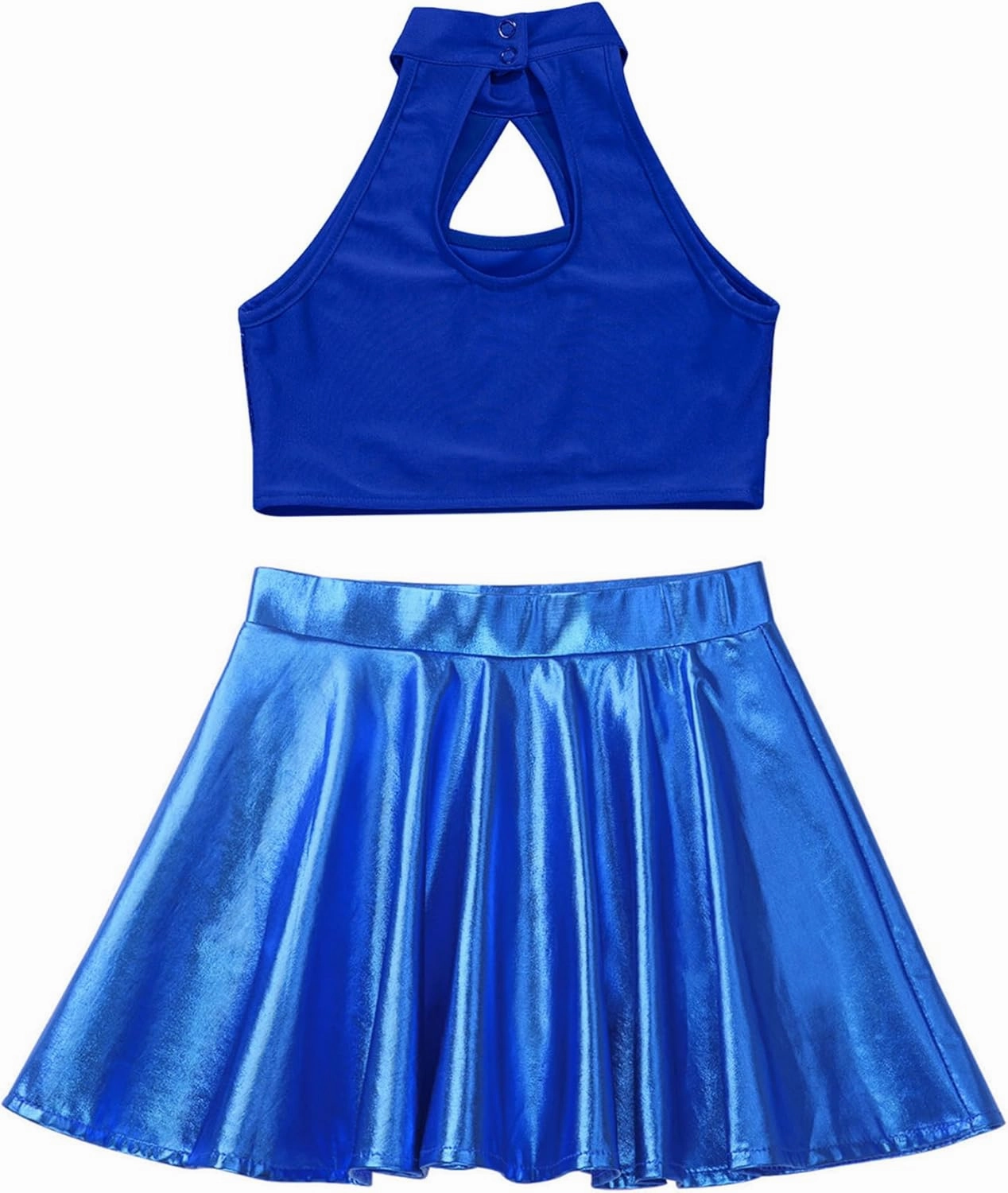 TiaoBug Kids Girls Sequins Sleeveless Crop Top with Metallic Skirt Jazz Latin Tango Rumba Salsa Samba Ballet Dancewear