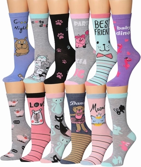 Tipi Toe Women's 12 Pairs Lightweight Colorful Patterned Crew Socks Available in Sizes 9-13