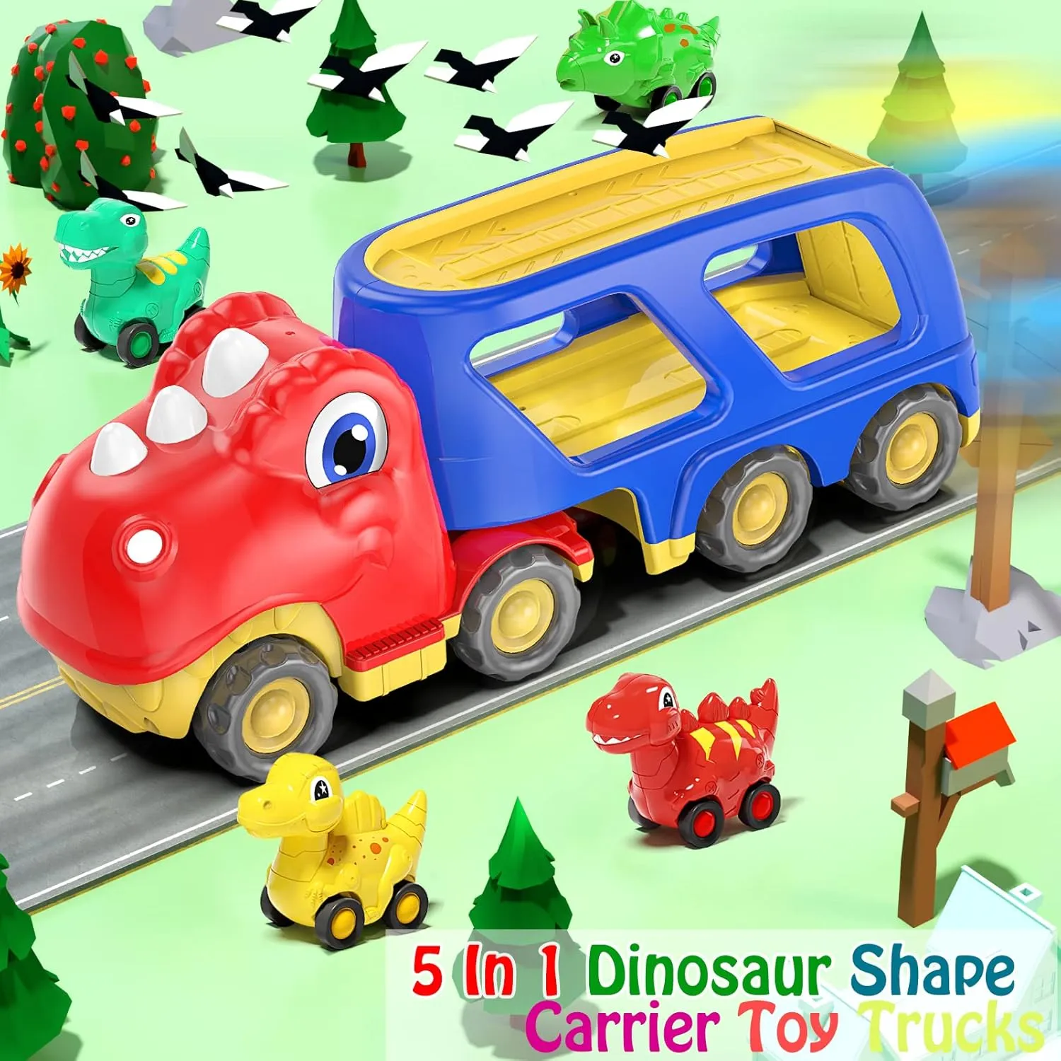 Toddler Car Toy for 2 3 4 5 Years Old, Dinosaur Transport Carrier Truck with 4 Pack Small Pull Back Dino Car, Friction Power Vehicle Christmas Birthday Gift for 18M  Kids Boys Girls
