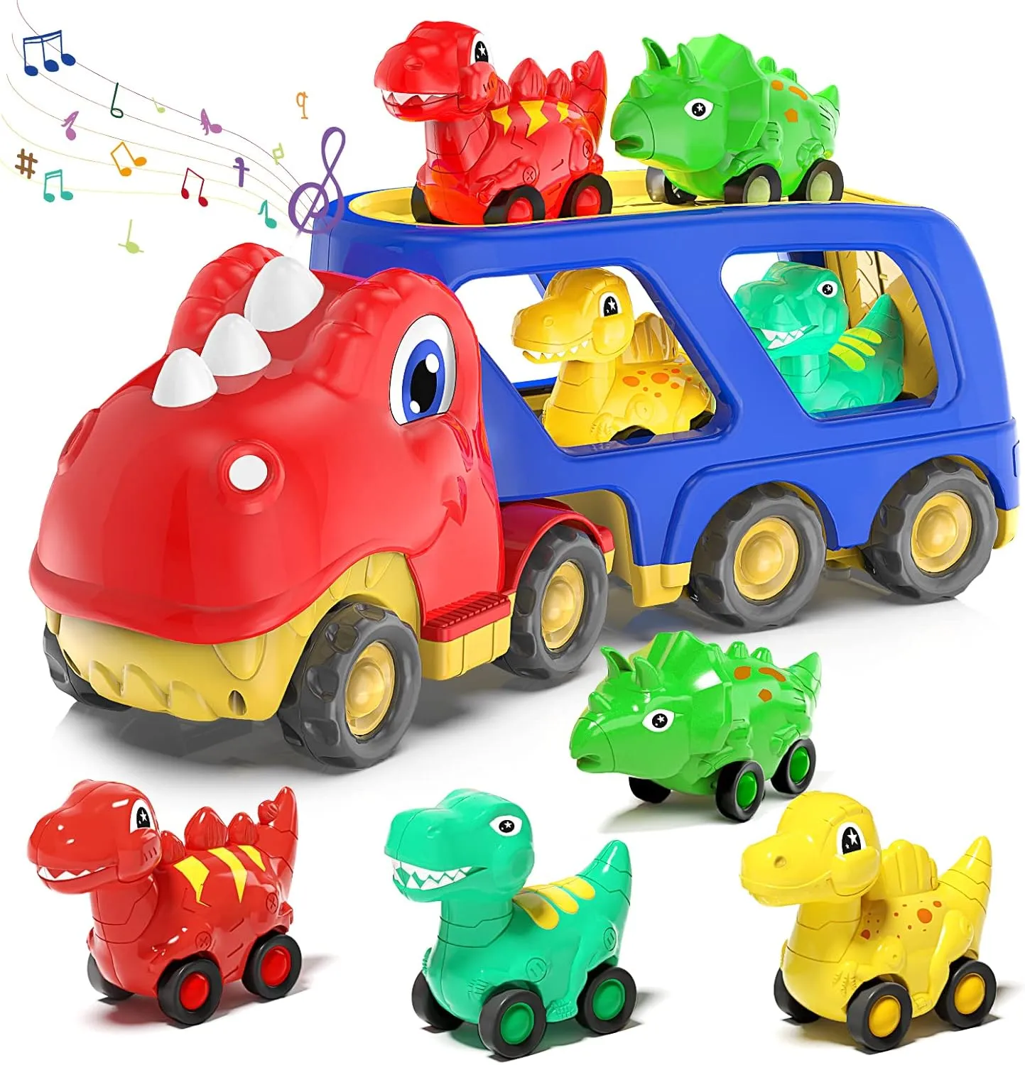 Toddler Car Toy for 2 3 4 5 Years Old, Dinosaur Transport Carrier Truck with 4 Pack Small Pull Back Dino Car, Friction Power Vehicle Christmas Birthday Gift for 18M  Kids Boys Girls