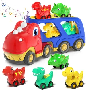 Toddler Car Toy for 2 3 4 5 Years Old, Dinosaur Transport Carrier Truck with 4 Pack Small Pull Back Dino Car, Friction Power Vehicle Christmas Birthday Gift for 18M  Kids Boys Girls