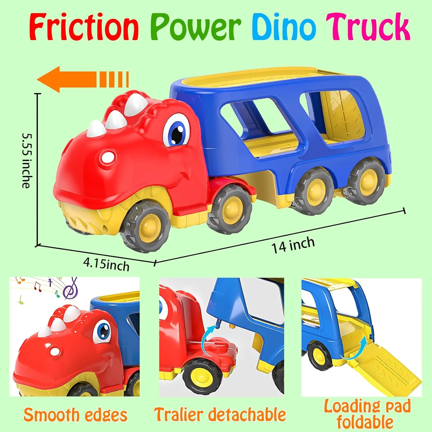 Toddler Car Toy for 2 3 4 5 Years Old, Dinosaur Transport Carrier Truck with 4 Pack Small Pull Back Dino Car, Friction Power Vehicle Christmas Birthday Gift for 18M  Kids Boys Girls