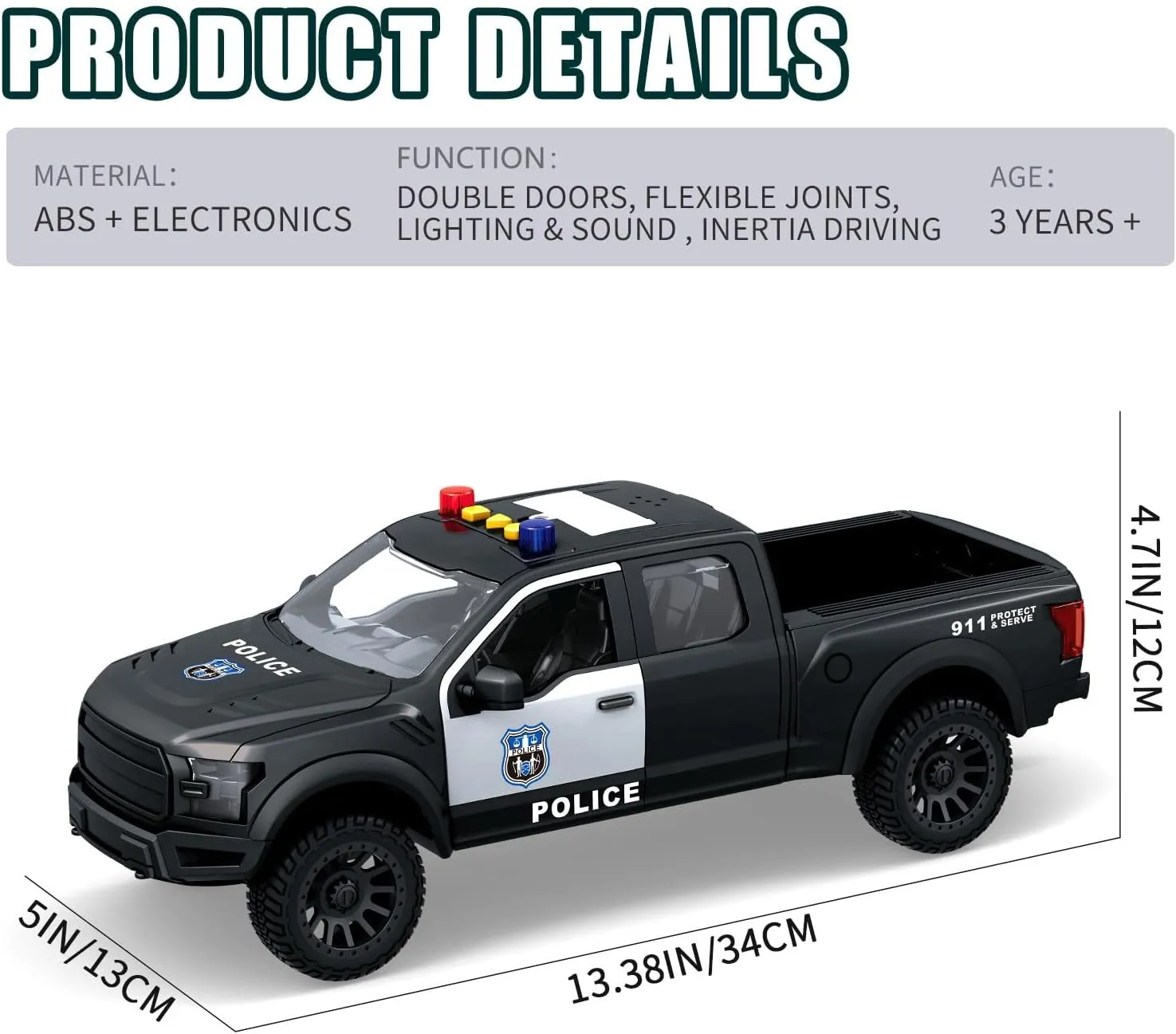 Toddler Toys Police Pickup Truck Toy with Sound and Light Pull - Fun Cars, Music, Toys for Kids, Ages 3 4 5 6 Year Old Boys (Black Police Pickup)