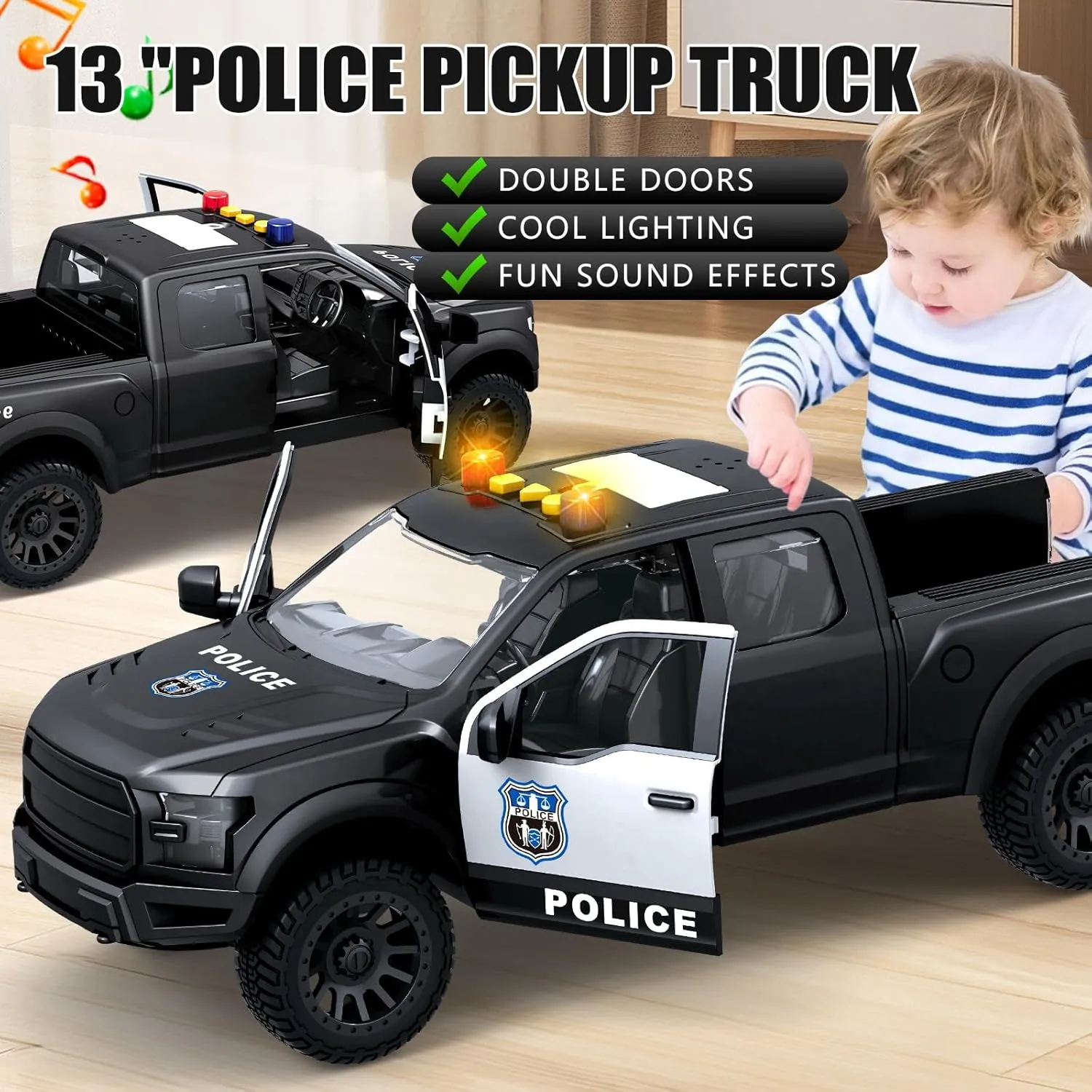 Toddler Toys Police Pickup Truck Toy with Sound and Light Pull - Fun Cars, Music, Toys for Kids, Ages 3 4 5 6 Year Old Boys (Black Police Pickup)