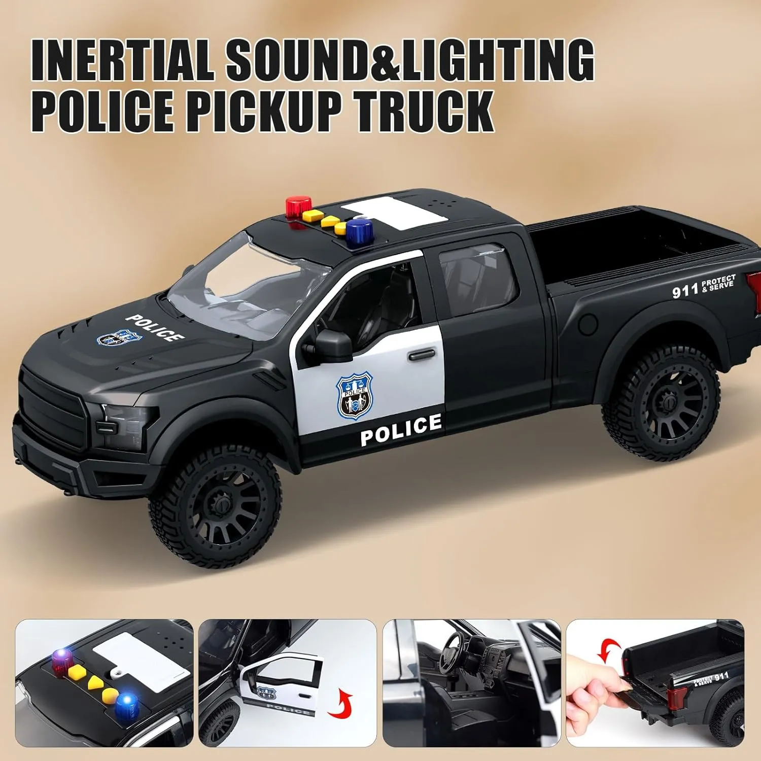 Toddler Toys Police Pickup Truck Toy with Sound and Light Pull - Fun Cars, Music, Toys for Kids, Ages 3 4 5 6 Year Old Boys (Black Police Pickup)