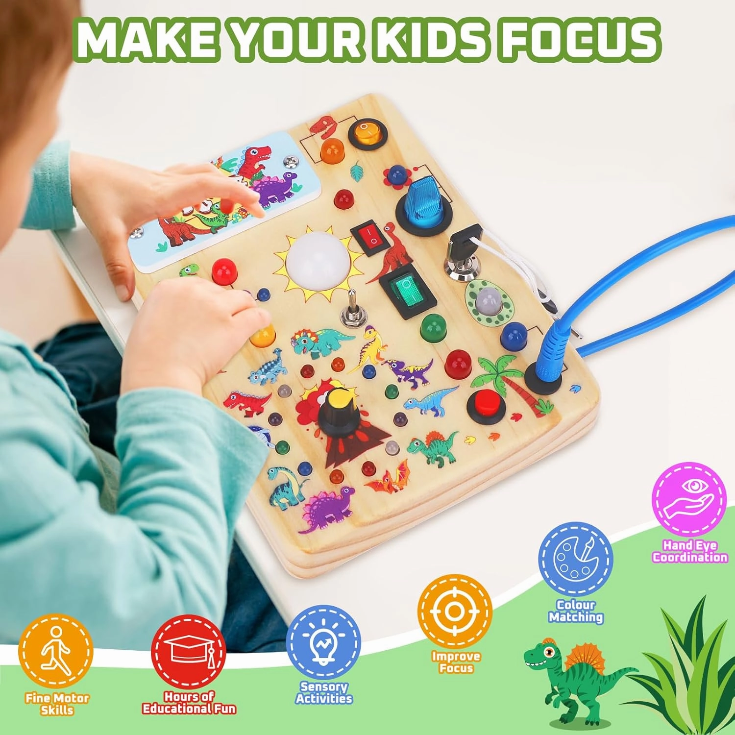 Toddler Busy Board,Montessori Toys for 1-3 Years Old,Baby Sensory Board,Wooden Learning Toys,Christmas & Birthday Gift for Boys & Girls (Dinosaur Busy Board v2)