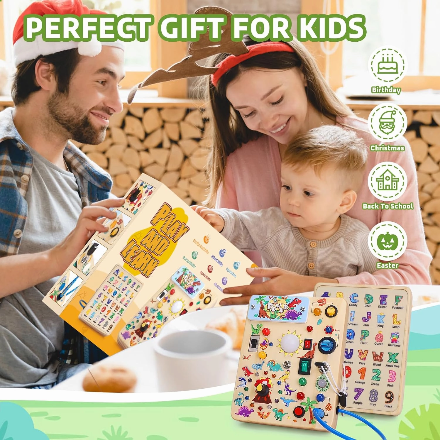 Toddler Busy Board,Montessori Toys for 1-3 Years Old,Baby Sensory Board,Wooden Learning Toys,Christmas & Birthday Gift for Boys & Girls (Dinosaur Busy Board v2)