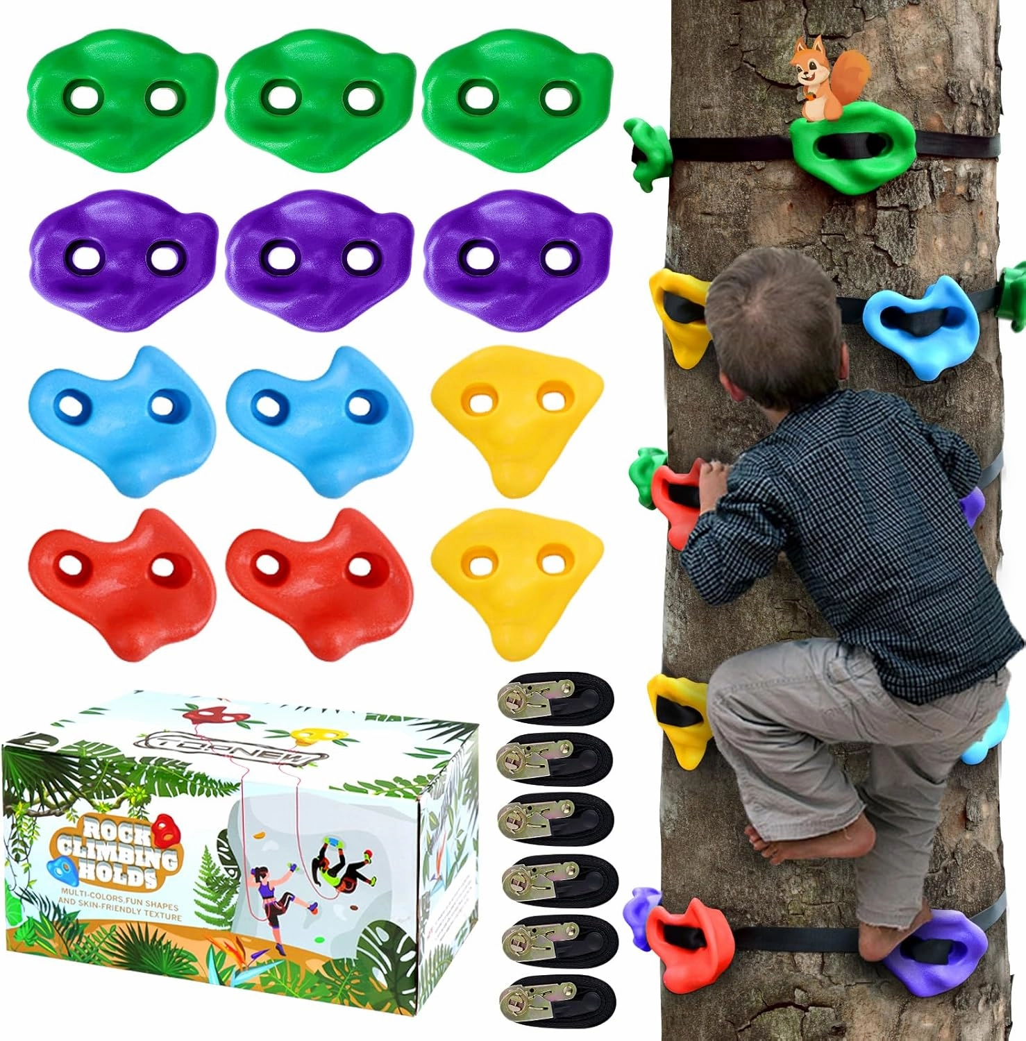 TOPNEW 12 Ninja Tree Climbing Holds for Kids Climber, Adult Climbing Rocks with 6 Ratchet Straps for Outdoor Ninja Warrior Obstacle Course Training