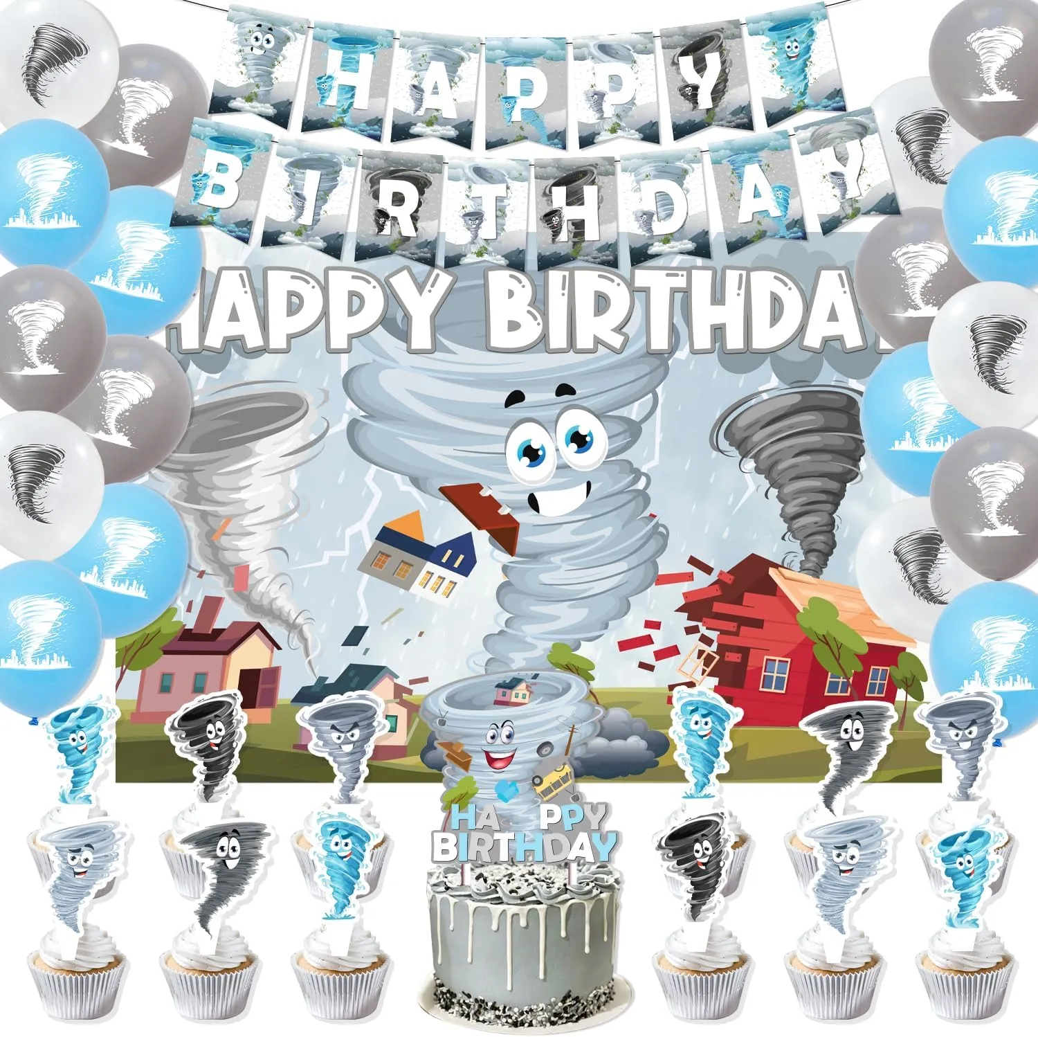 Tornado Birthday Decorations - Boy's Party Set Includes: Banner, Backdrop, Balloons, Cake Topper