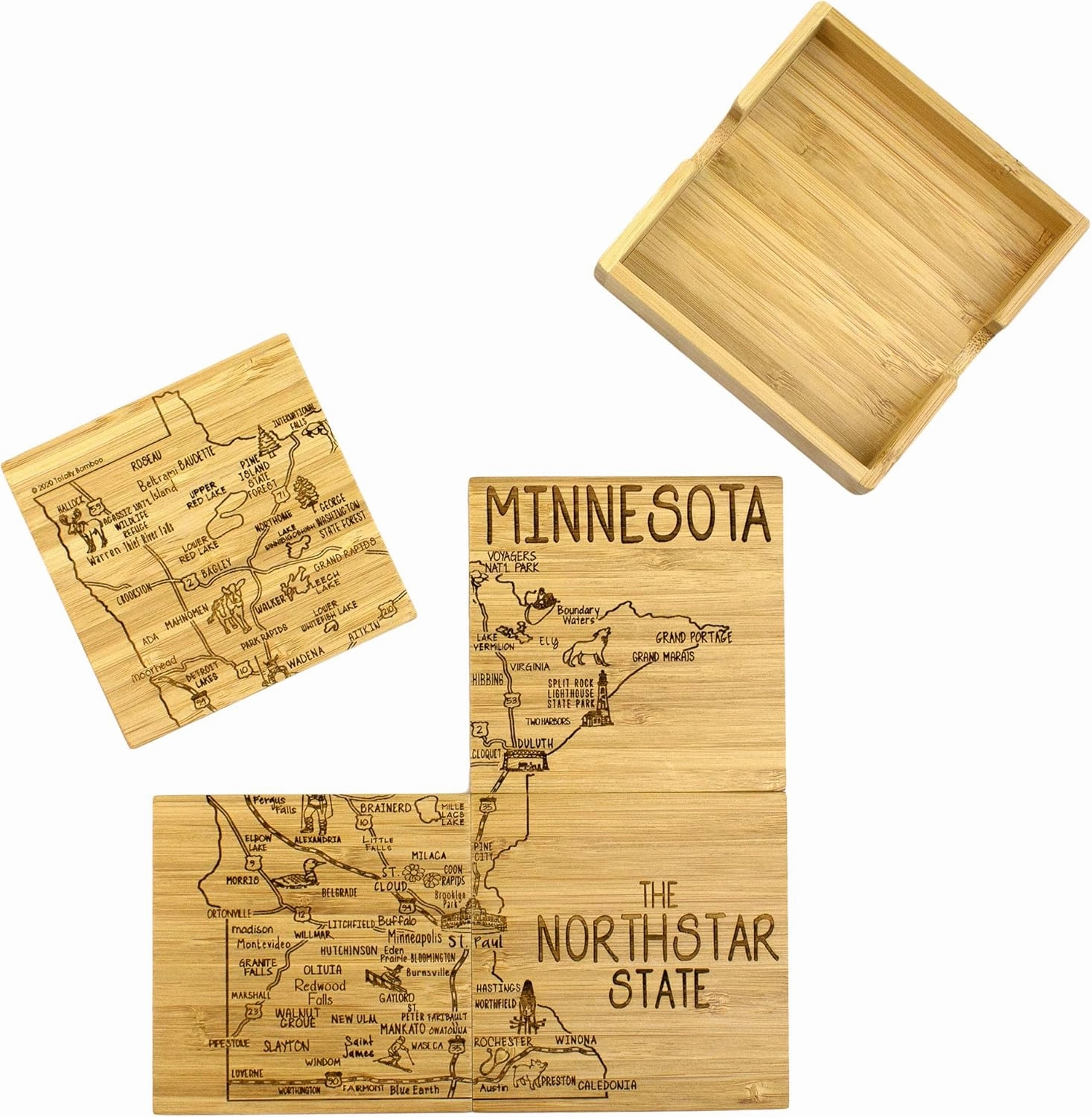 Totally Bamboo Minnesota State Puzzle 4 Piece Bamboo Coaster Set with Case