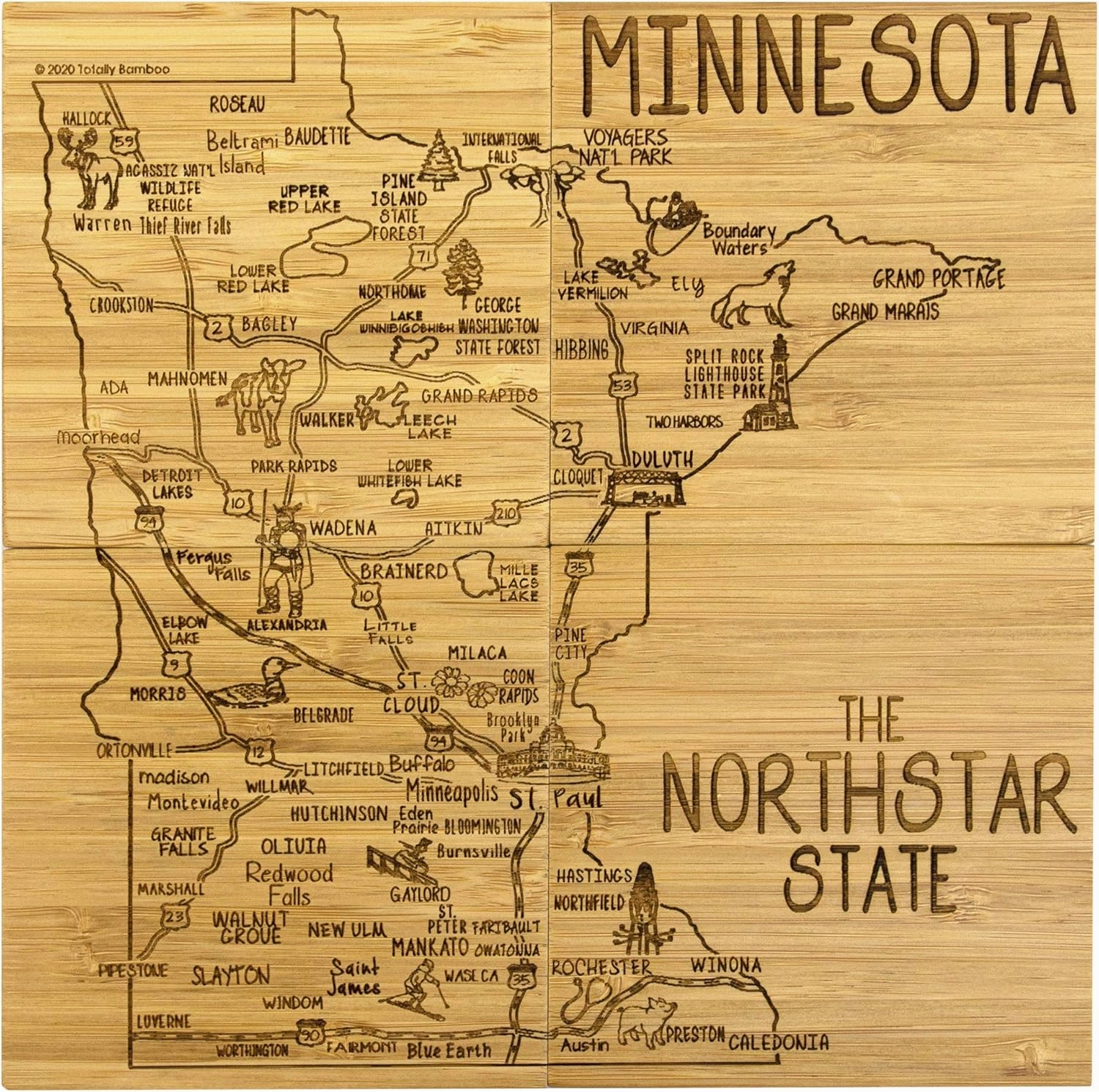 Totally Bamboo Minnesota State Puzzle 4 Piece Bamboo Coaster Set with Case