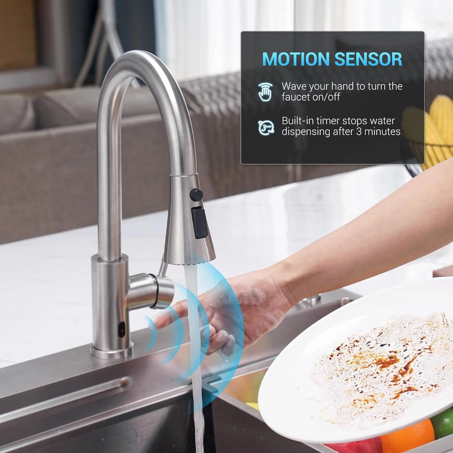 Touchless Kitchen Faucet with Pull-Down Sprayer, Kitchen Sink Faucet Brushed Nickel Faucets with Soap Dispensor, Single Handle Hands-Free Sensor Suitable for 1 to 4 Hole Sink, Stainless Steel