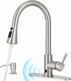 Touchless Kitchen Faucet with Pull-Down Sprayer, Kitchen Sink Faucet Brushed Nickel Faucets with Soap Dispensor, Single Handle Hands-Free Sensor Suitable for 1 to 4 Hole Sink, Stainless Steel
