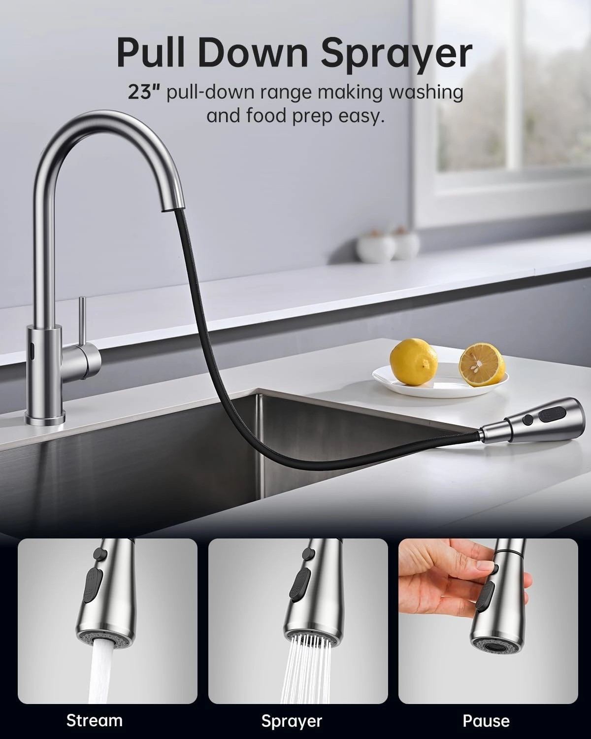 Touchless Kitchen Sink Faucet with Pull Down Sprayer, Stainless Steel Smart Motion Sensor Faucet for Kitchen Sink, Brushed Nickel