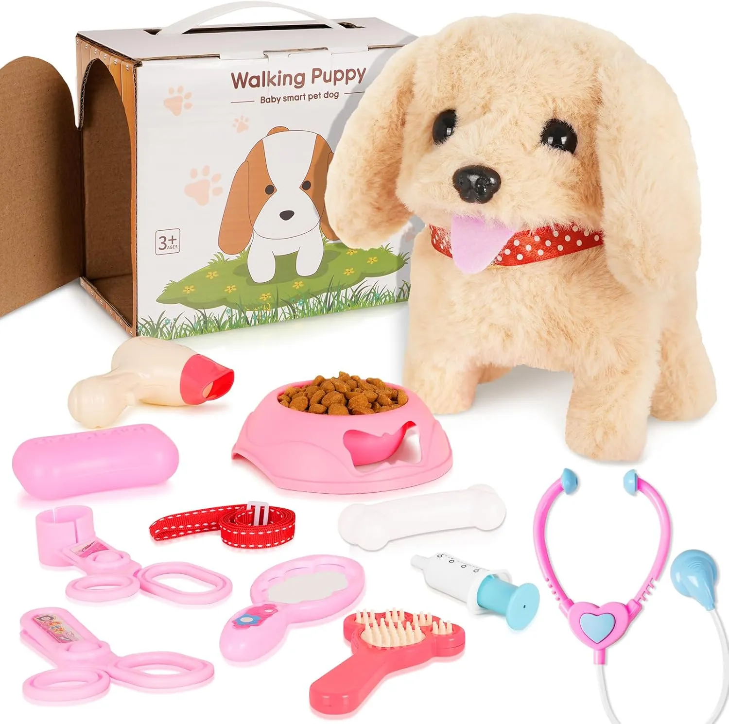 Toy Dog for Kids, Walking & Barking Interactive Dog Toy with Feeding, Grooming, and Health Care Set, Plush Puppy Toys for Kids Aged 3  Years Girls Boys