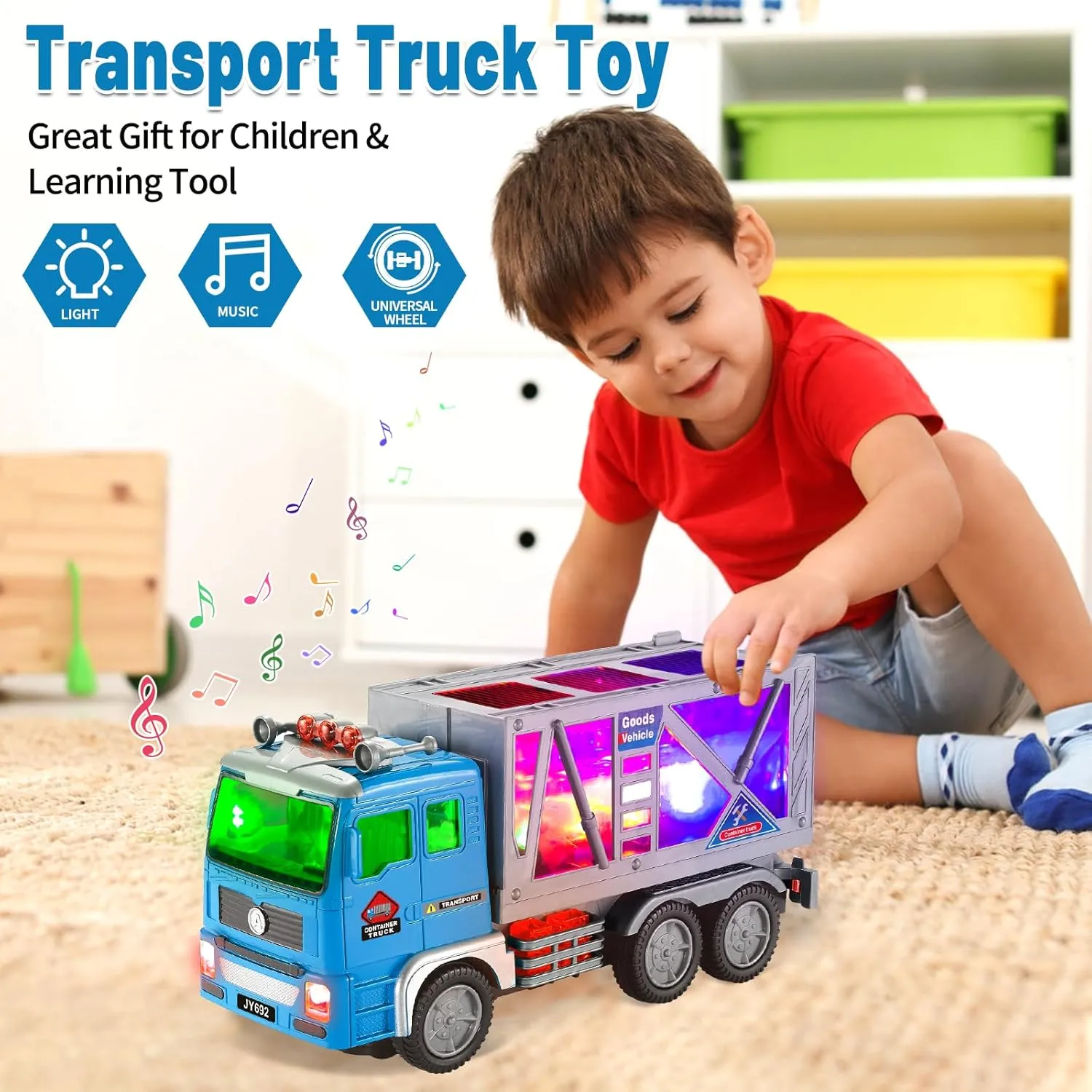 Toy Fire Trucks- Garbage Truck- Construction Excavator Toys- Container Truck Toy Cars for Toddlers Boys 1-3 4-7 Birthday Gifts, Car Toys with 4D Lights & Sounds- Automatic Bump Go Container Trucks