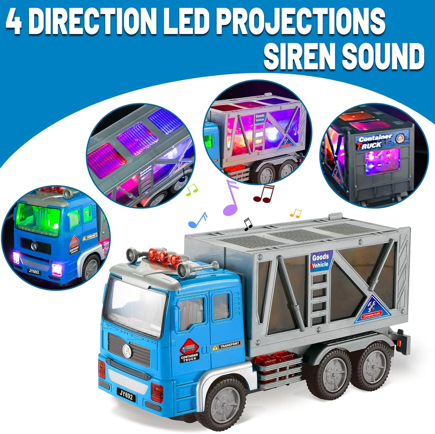 Toy Fire Trucks- Garbage Truck- Construction Excavator Toys- Container Truck Toy Cars for Toddlers Boys 1-3 4-7 Birthday Gifts, Car Toys with 4D Lights & Sounds- Automatic Bump Go Container Trucks