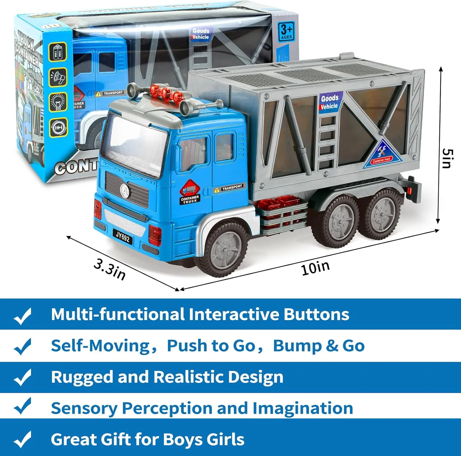Toy Fire Trucks- Garbage Truck- Construction Excavator Toys- Container Truck Toy Cars for Toddlers Boys 1-3 4-7 Birthday Gifts, Car Toys with 4D Lights & Sounds- Automatic Bump Go Container Trucks