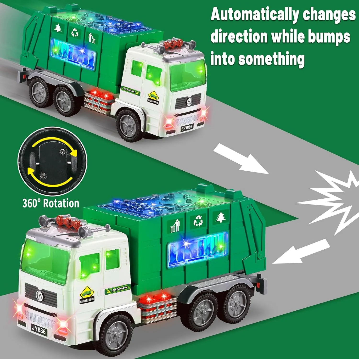 Toy Garbage Truck & Fire Trucks & Construction Excavator Toys & Container Truck Toy Cars for Toddlers Boys 1-3 4-7 Birthday Gifts, Car Toys with 4D Lights & Music- Automatic Bump Go Garbage Trucks
