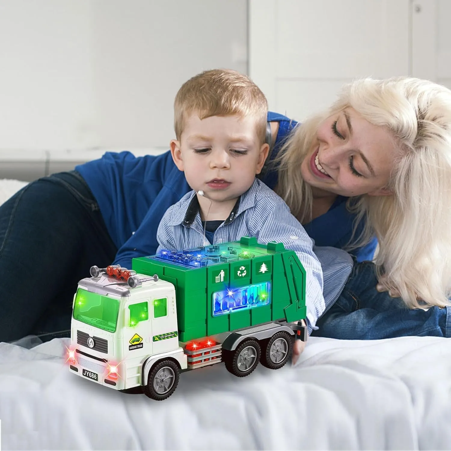 Toy Garbage Truck & Fire Trucks & Construction Excavator Toys & Container Truck Toy Cars for Toddlers Boys 1-3 4-7 Birthday Gifts, Car Toys with 4D Lights & Music- Automatic Bump Go Garbage Trucks