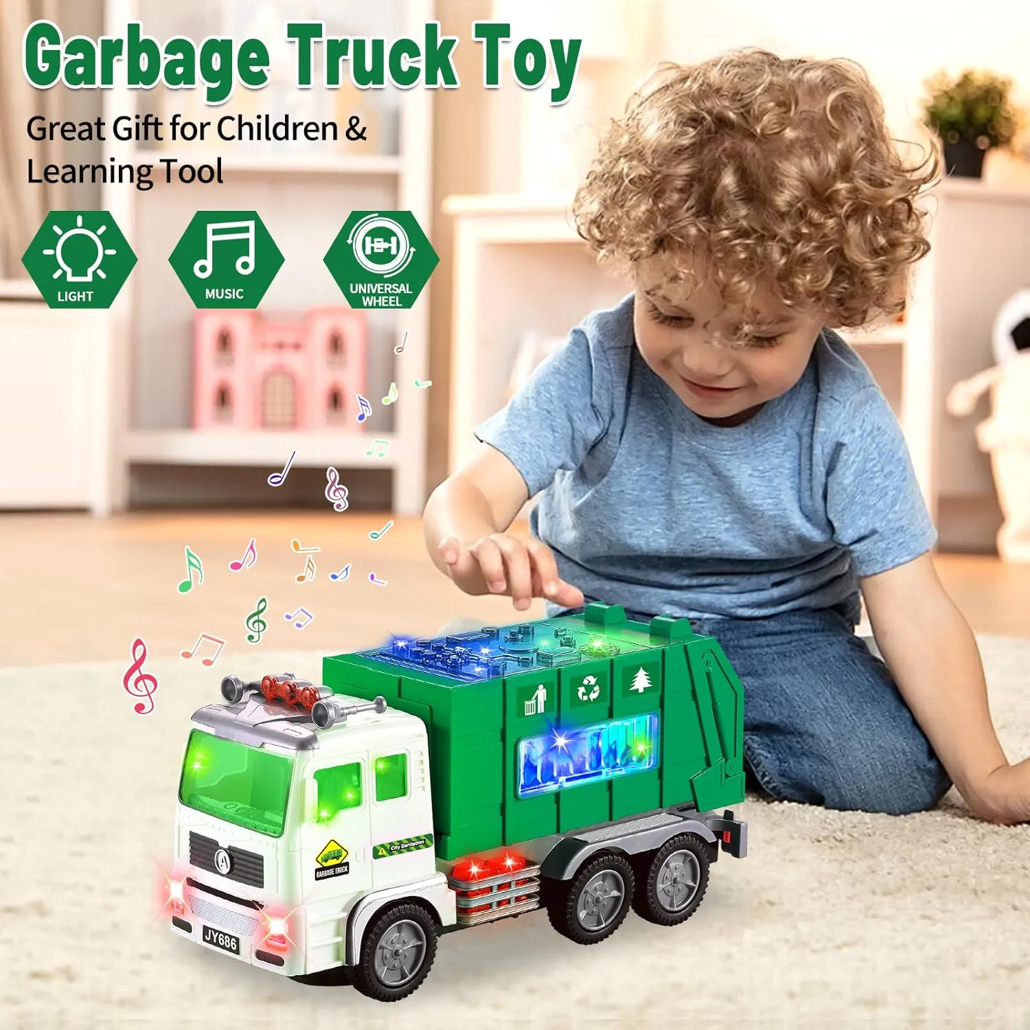 Toy Garbage Truck & Fire Trucks & Construction Excavator Toys & Container Truck Toy Cars for Toddlers Boys 1-3 4-7 Birthday Gifts, Car Toys with 4D Lights & Music- Automatic Bump Go Garbage Trucks