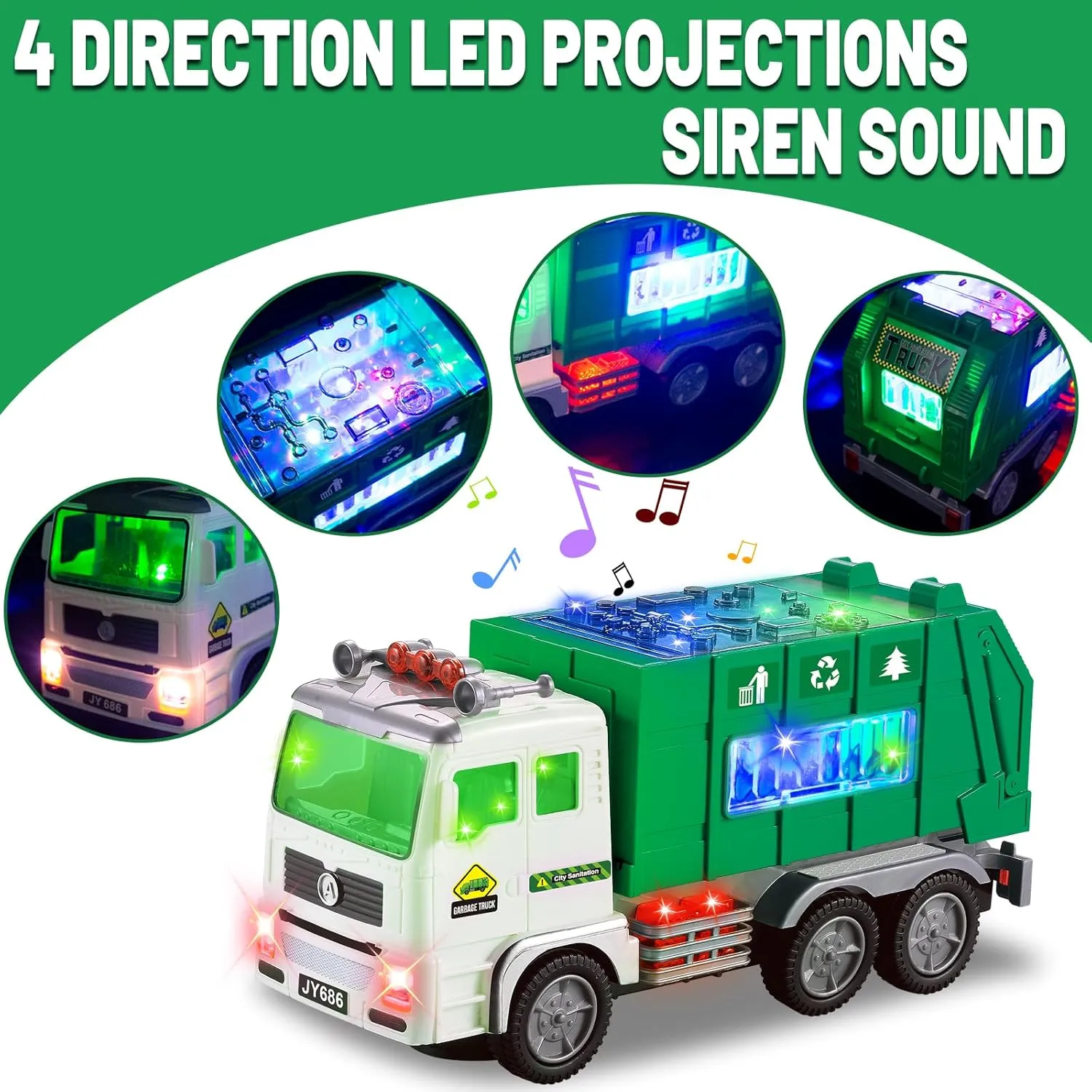 Toy Garbage Truck & Fire Trucks & Construction Excavator Toys & Container Truck Toy Cars for Toddlers Boys 1-3 4-7 Birthday Gifts, Car Toys with 4D Lights & Music- Automatic Bump Go Garbage Trucks