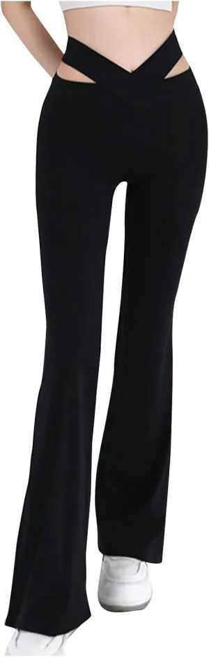 Trendy Pants for Women 2024 High Waisted Flare Pants Cut Out Bootcut Wide Leg Yoga Pant Running Jogger Hiking Trouser