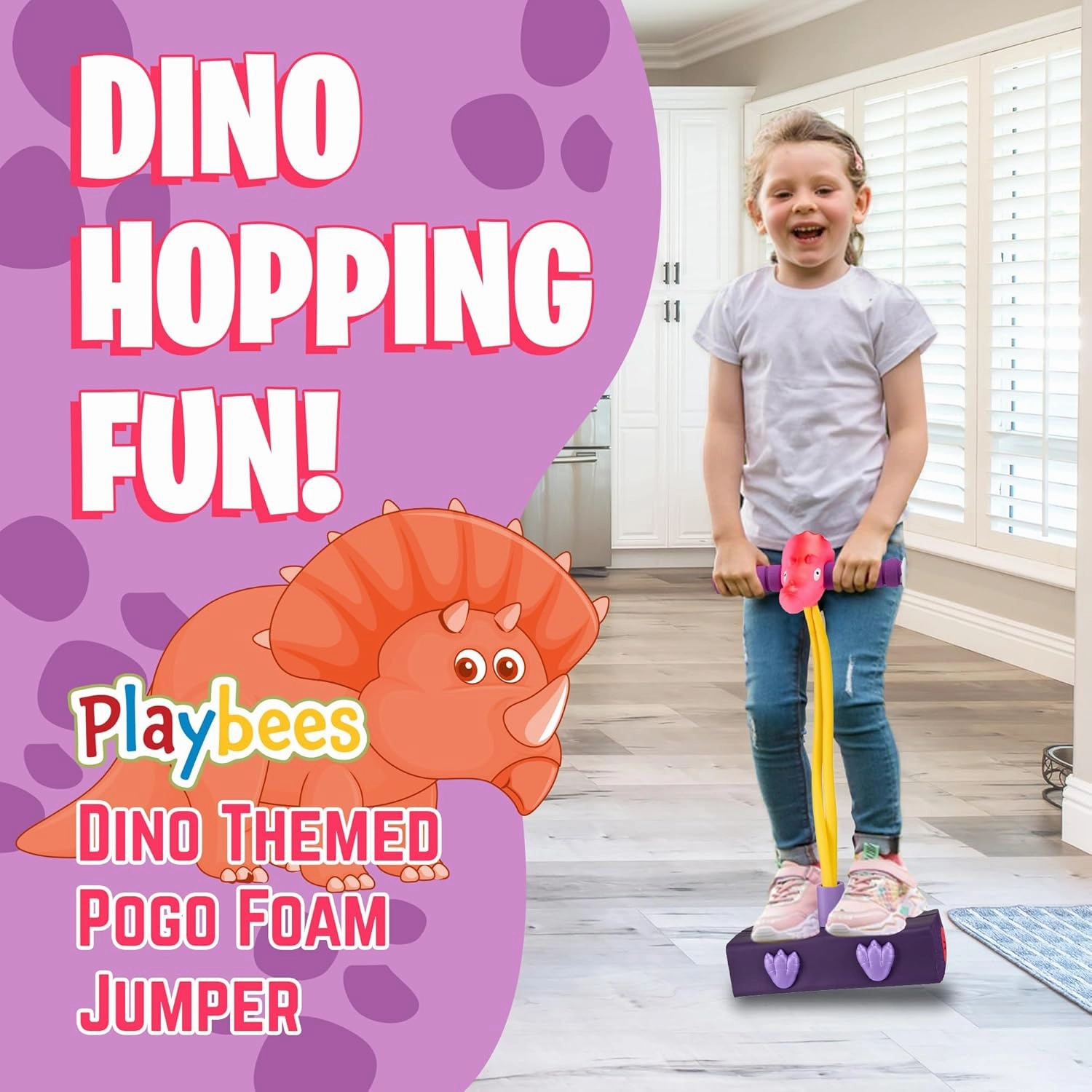 Triceratops Foam Pogo Stick Coolest Toy Jumper for Kids 3, 4, 5, 6, 7 Years Old - Inside & Outside Fun - Dinosaur Themed Bungee Ideal Kids Fun, Gifts, Christmas, Birthday for Boys & Girls