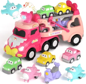 Truck Toys for 1 2 3 Year Old Girl, 7-in-1 Carrier Cars Toys for Toddler Girls Age 1-2 2-3, Princess Toy with Light & Sound, Easter Christmas Birthday Gifts for 1 2 3  Year Old Girls