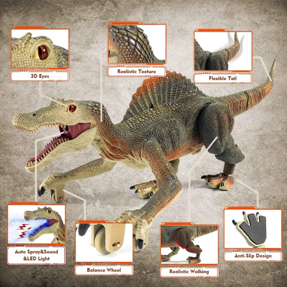 Tudou RC Walking Robotic Dinosaur Toy w/Light Chasing Remote Control, Auto Spraying and Roaring, Jurassic Spinosaurus Dinosaur Toy for Kids Boys 4-12 Years