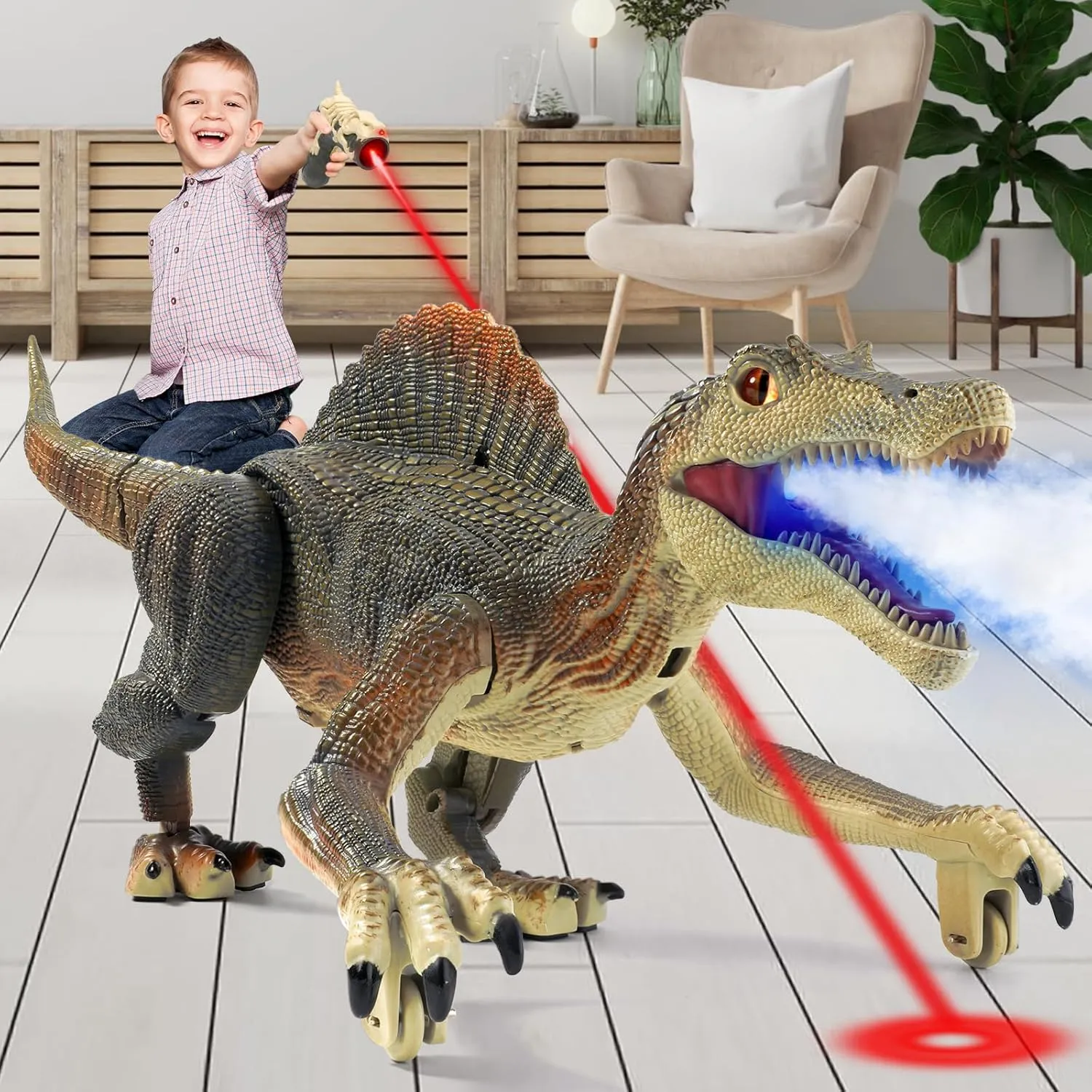 Tudou RC Walking Robotic Dinosaur Toy w/Light Chasing Remote Control, Auto Spraying and Roaring, Jurassic Spinosaurus Dinosaur Toy for Kids Boys 4-12 Years