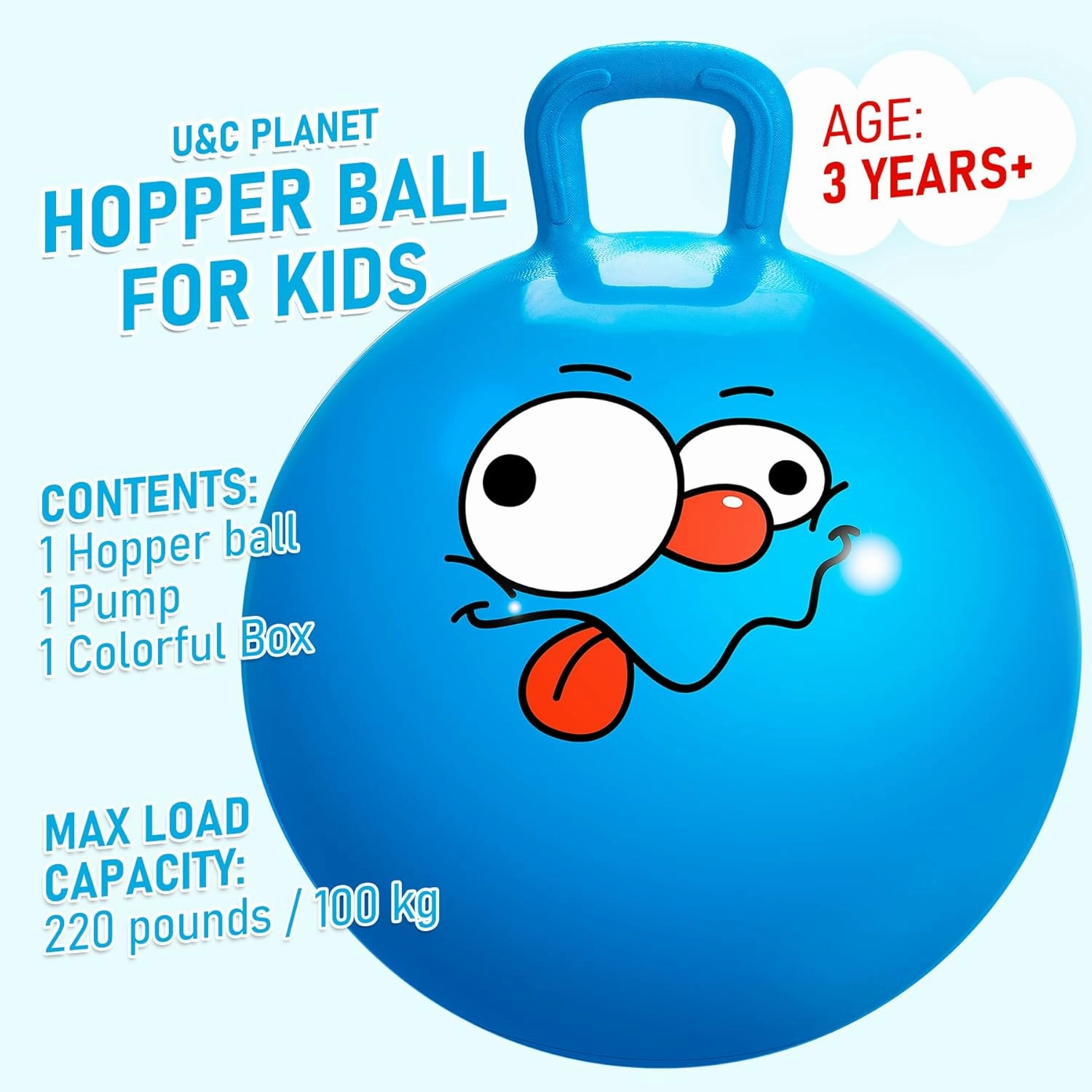 U&C Planet Hopper Ball 22 inches Bouncy Ball with Handle for Kids Age 7-12 Hoppity Hop Sit and Bounce Jumping Hopping Toy with Pump and Gift Box Great Gift for Birthday Christmas, Blue